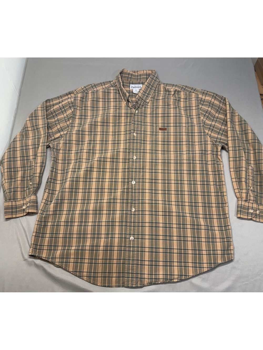 Carhartt XL Tan and Green Plaid Button-Up Shirt 100% Cotton